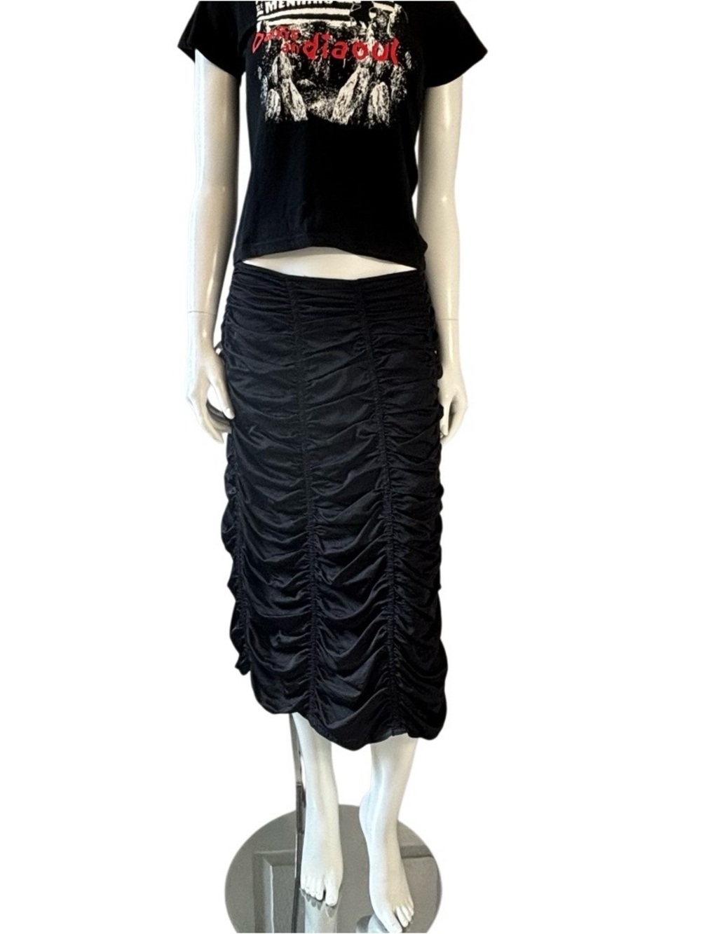 L. Campione Whimsigoth Black Ruched Midi Skirt